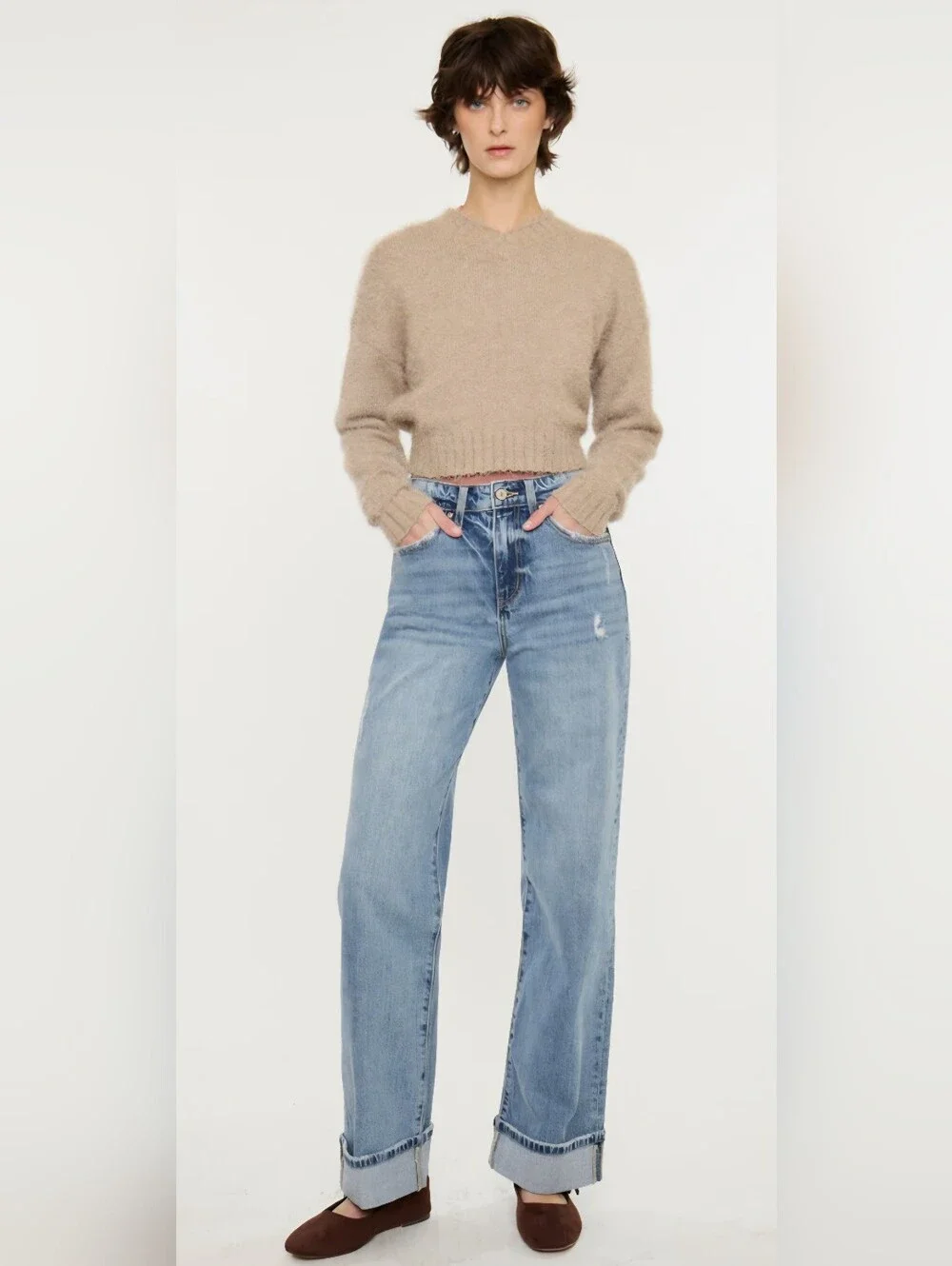 KanCan High Rise Medium Wash Wide Leg Jeans Cuffed Denim Stretch Trendy 1/24 NEW